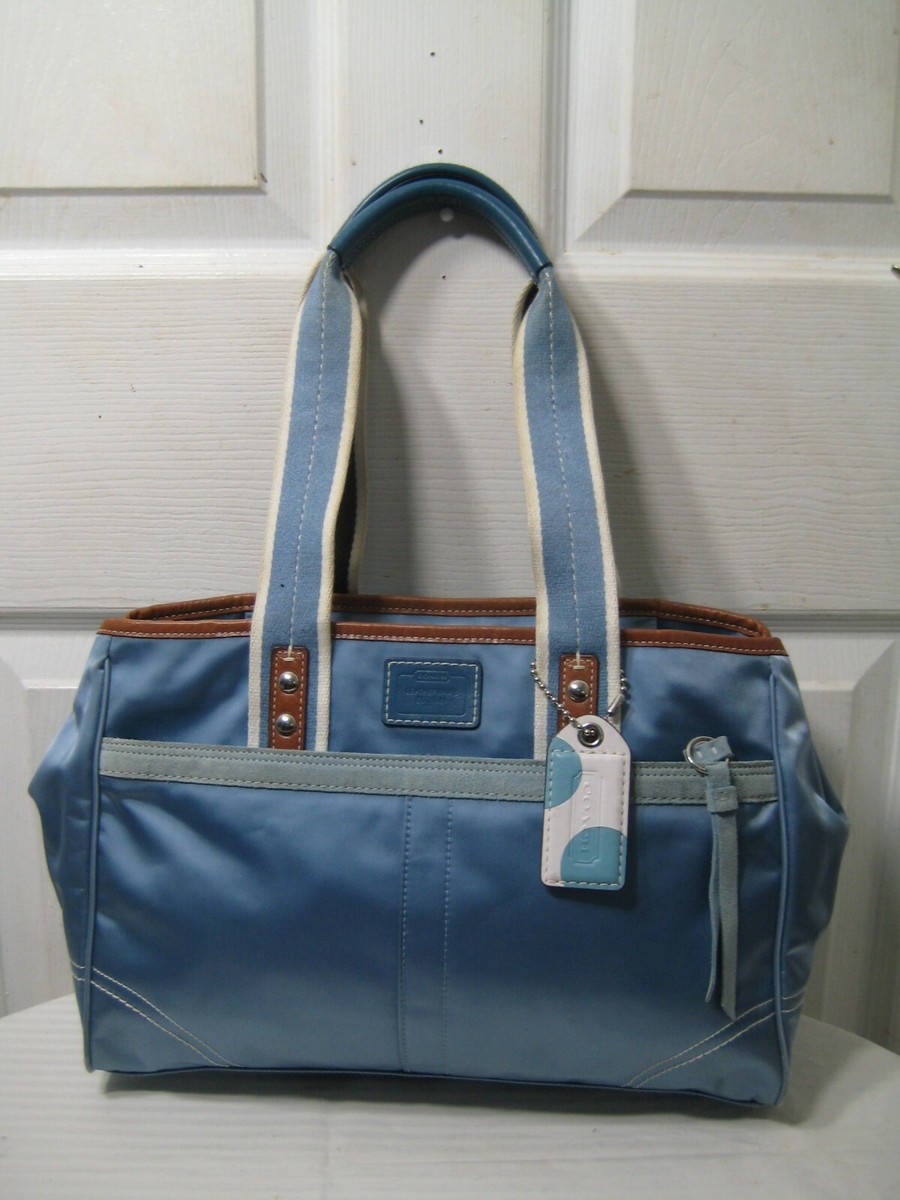 バッグ COACH 10663 Blue Nylon Leather Tote Bag COACH Blue Nylon / Leather Hampton Tote Shoulder Handbag