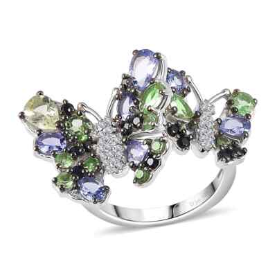 Mint Garnet Multigem Butterfly Cocktail Ring Rhodium Plated Size 