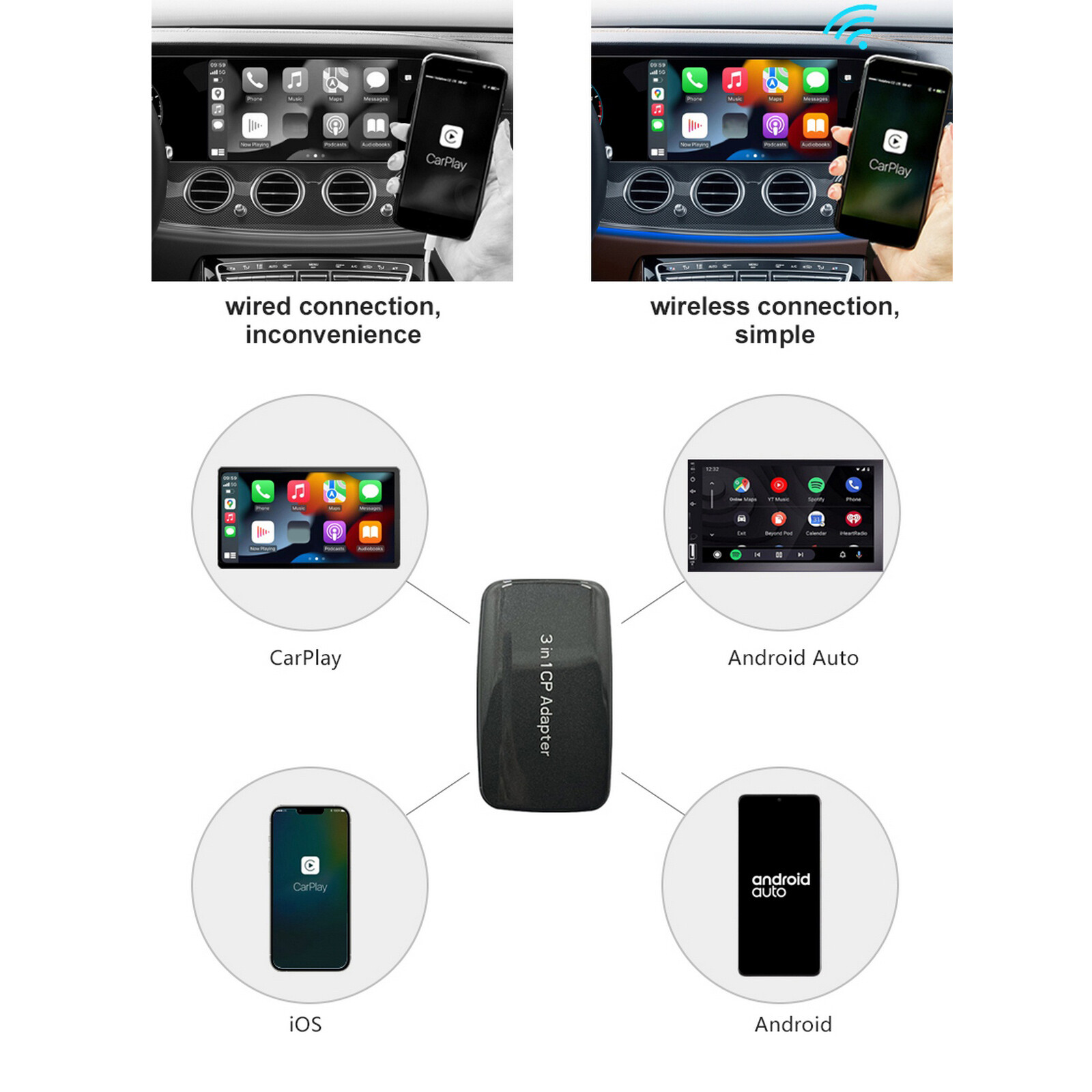 2022 New Apple Carplay Adapter Android 11 Wired To Wireless Carplay  Activator Android Auto Plug & Play 3 In 1 Car Multimedia Box