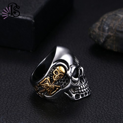 Mens Punk Gothic Skull Ring Gold Plated Stainless Steel Biker Men Band Size 7-13 - Picture 9 of 20
