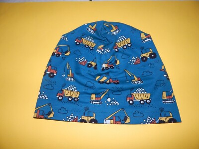 Beaniemütze  aus Sweatshirt petrolfarben mit Baufahrzeuge  von Gr.28 - 62 