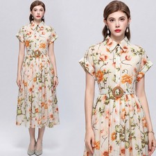 New Summer Vintage Floral Print Collar Belt Cape Sleeve Women Casual Party Dress