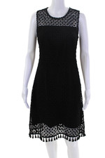 Elie Tahari Womens Cotton Tassel Trim Embroidered Sheath Dress Black Size 4