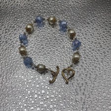 Vintage Faux Pearl Faceted Light Blue Bead Bracelet Gold Tone