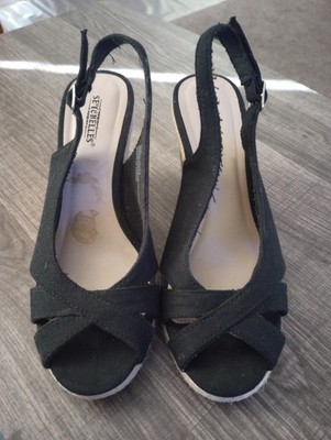 Women's black fabric open toe cork wedge sandals size 6 1/2 pre-owned