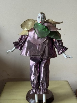 Vintage Handpainted Jester Harlequin Doll Purple Green and Gold 15''