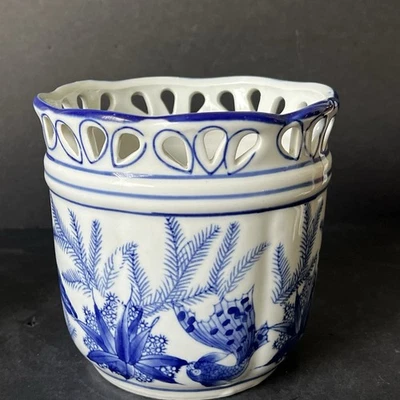 Vintage Chinese Porcelain Blue & White Planter Flower Pot With Cut Outs - Image 1 of 4