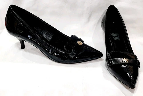 Tory Burch ELIZA nero vernice tacco basso pompa oro logo a punta 6 M