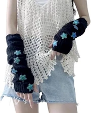 POHADON Women's Y2k Knit Arm Warmers Long Fingerless Mitten One Size Black