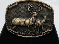 Belt Buckle Bronze Deer Hunter USA Flag Background Western 4" New