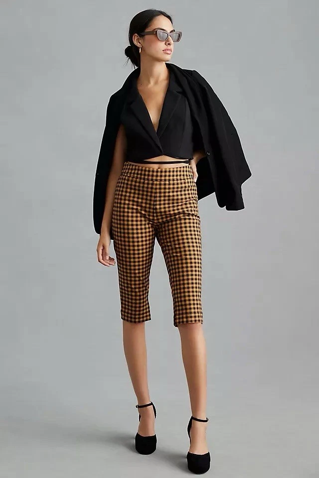 Anthropologie Maeve Knit Biker Capri Pants Size 6 Gingham Print Stretch NEW