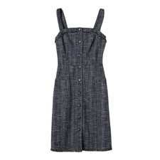 Banana Republic Tweed Sheath Dress 8 Navy Blue Snap Button Front Sleeveless Mini