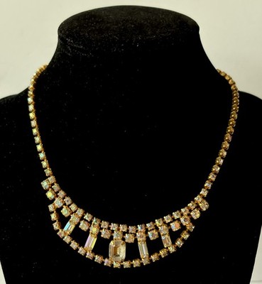 VINTAGE RETRO 1950S AURORA BOREALIS RHINESTONE PENDANT CHOKER NECKLACE 15 Inches