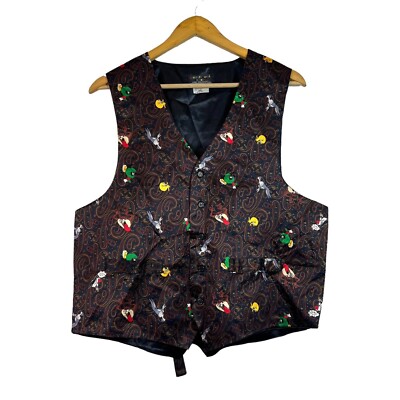 Looney Tunes Mania 90's Brown Character Print Button Front Silk Vest Mens S/M