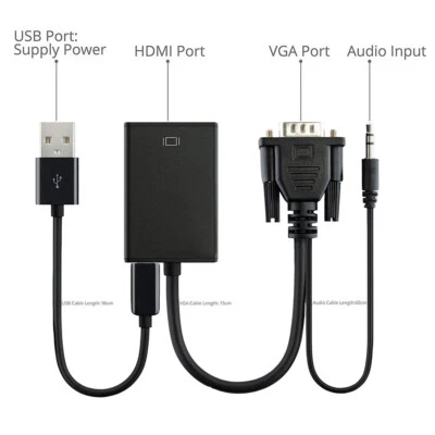 VGA To HDMI Output 1080P HD+ Audio TV AV HDTV Video Cable Converter Adapter