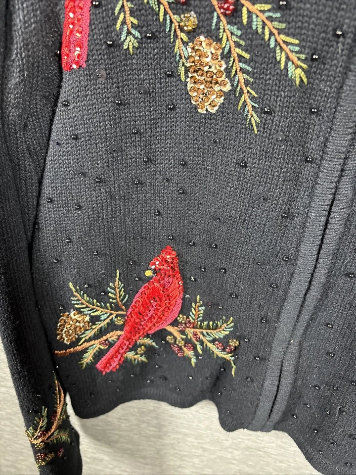 Heirloom Collectibles Christmas Sweater 2004 Bead Black Red Cardinals PM - Image 4 of 4