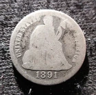 SILVER COIN UNITED STATES OF AMERICA 1891 "SEATED LIBERTY DIME" PHILADELPHIA (A)