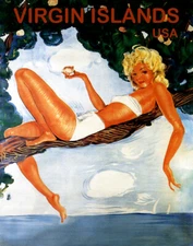POSTER TRAVEL VIRGIN ISLANDS BEACH GIRL LYING ON TREE USA VINTAGE REPRO FREE S/H