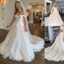 Elegant Wedding Dresses Off Shoulder Lace Applique Long Train A-line Bridal Gown
