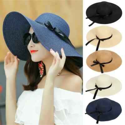 Ladies Beach Sun Floppy Wide Brim Straw Hat Casual Summer Sun Hats