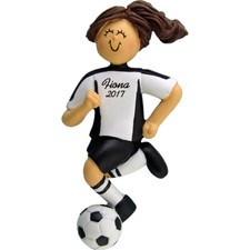 Personalized Christmas Ornament - Brunette Female Soccer Player in Black Uniform