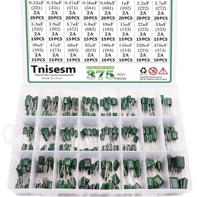 Tnisesm 375 Pcs 24 Value Metalized Mylar Polyester Film Capacitors Assortment
