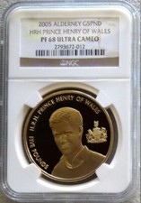 2005 GOLD ALDERNEY 150 MINTED 5 POUND PRINCE HENRY NGC PROOF 68 ULTRA CAMEO