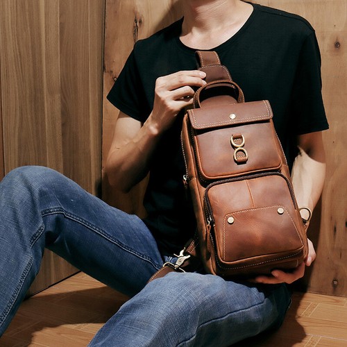 Men Vintage Shoulder Bag Sling Crossbody Chest Genuine Leather Travel Backpack - Picture 22 of 25