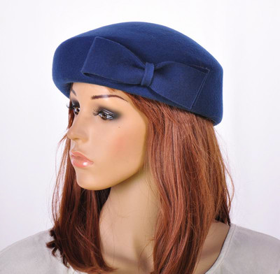 M60 Navy Blue Wool Cashmere Cute Bow Brim Fedora Bucket Hat  display picture 2