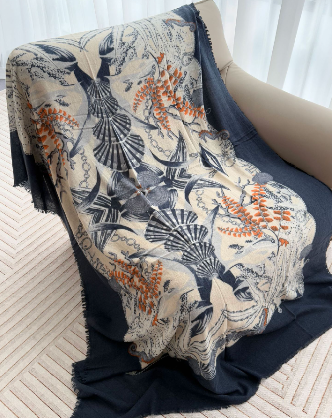 100% Wool Shawl Scarf Neckerchief Gray branch Print 190X130cm Bandanna Wrap new