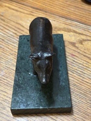 Vintage Rare Statue Of A Wild Boar Figure fOn A Green Marble Base, Very Unique.