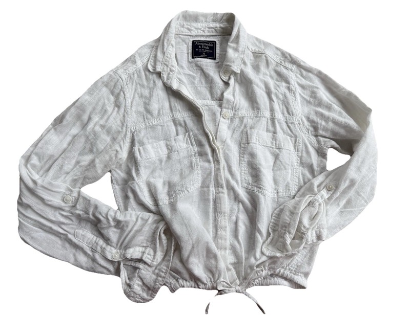 Abercrombie & Fitch Women Button Up Shirt White Drawstring Cotton  3/4 Sleeve XS