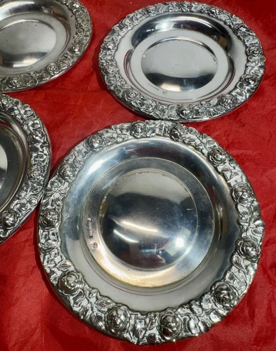 Four Antique Silverplate Ornate Rose Flower Floral Design Wine Bottle Coaster