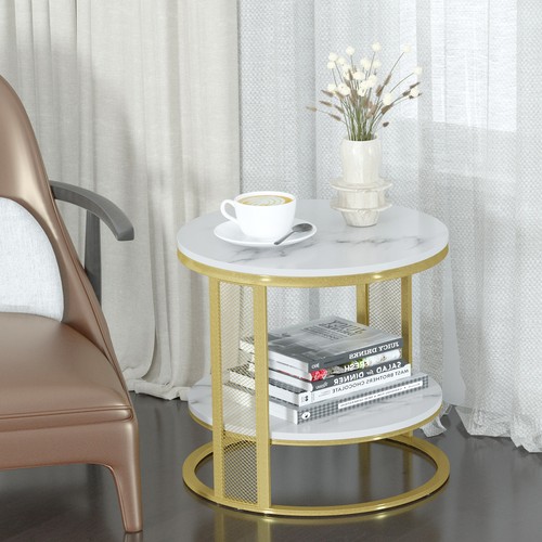 2 Tiers Solid Marble Top Round Coffee Table Lounge Living Room Modern Gold Legs - Picture 3 of 12