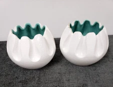 2 Vintage MCM Royal Haeger 3455 USA Crimped Vase planter white teal green