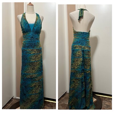 bcbg halter ruffle dress BCBGMAXAZRIA BLUE SURF COMBO LYNNEA EVENING crystal beaded formal dress