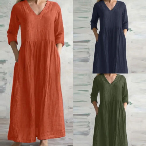 Plus Size Women V-Neck Cotton Linen Maxi Dress Kaftan Casual Baggy Long Dress