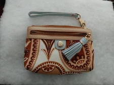 Spartina Floral Fall Leaves Linen Leather Wristlet Wallet Clutch Fall