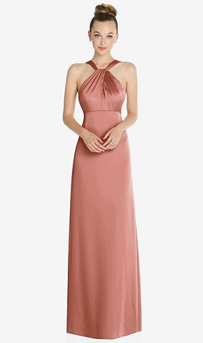 After Six 6855...Draped Twist Halter Low-Back Satin Dress...Desert Rose..Sz 12 - Afbeelding 1 van 5