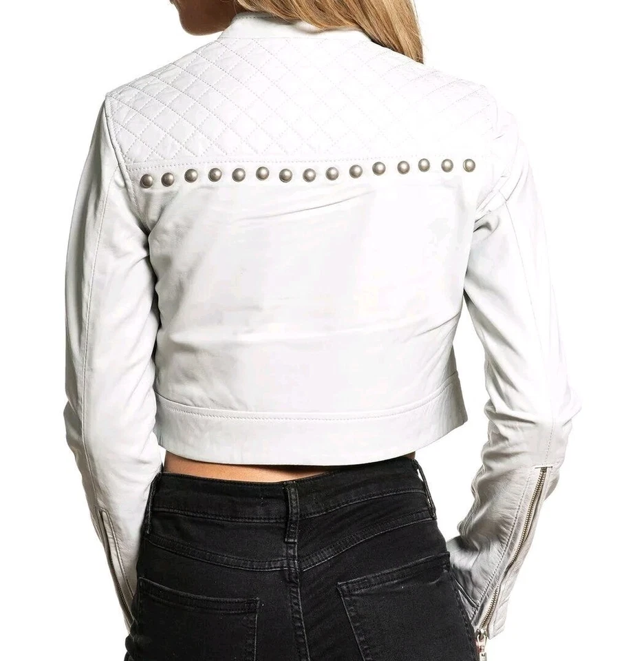 NUEVO CON ETIQUETAS Chaqueta de Cuero Laila Affliction Negra Premium Para Mujer Blanca Corta Motociclista MMA  Foto 2 de 4