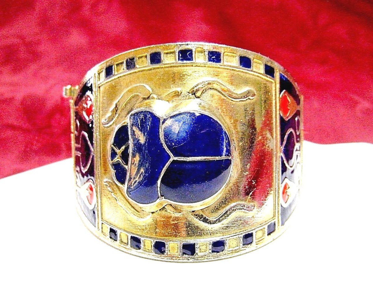 Grand Bracelet Manchette Vintage Egypte, Motif Scarabée En Métal Et Céramique - Occasion