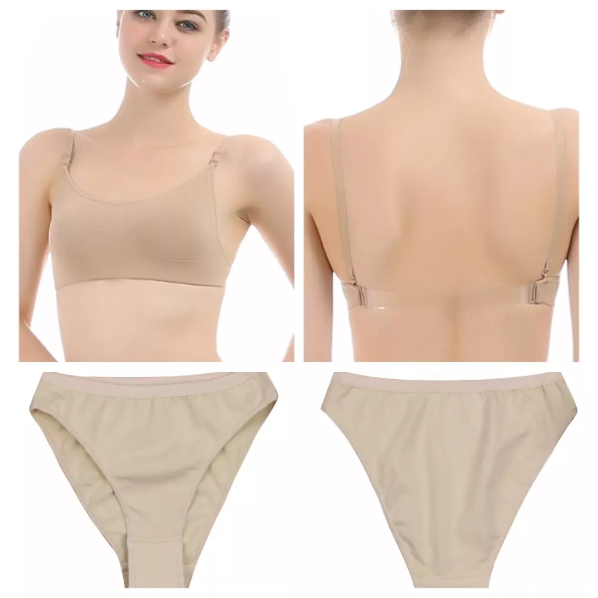 Nude Dance Underwear.Backless Bra Flesh/Clear Straps.Skin Colour Pants  Knickers.