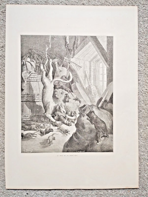 Die Katze und die alte Ratte, Gustave Dore - antiker Druck - 1868