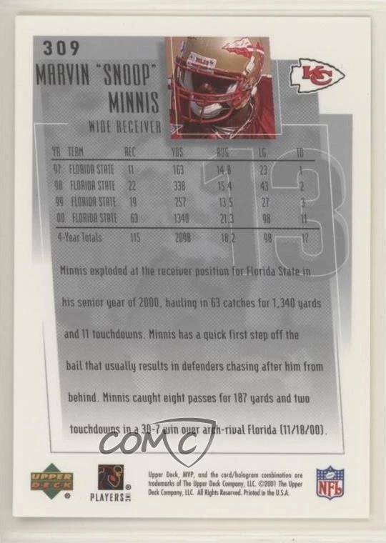 2001 Upper Deck MVP Rookie Marvin Minnis #309 Rookie RC - Image 2 of 2