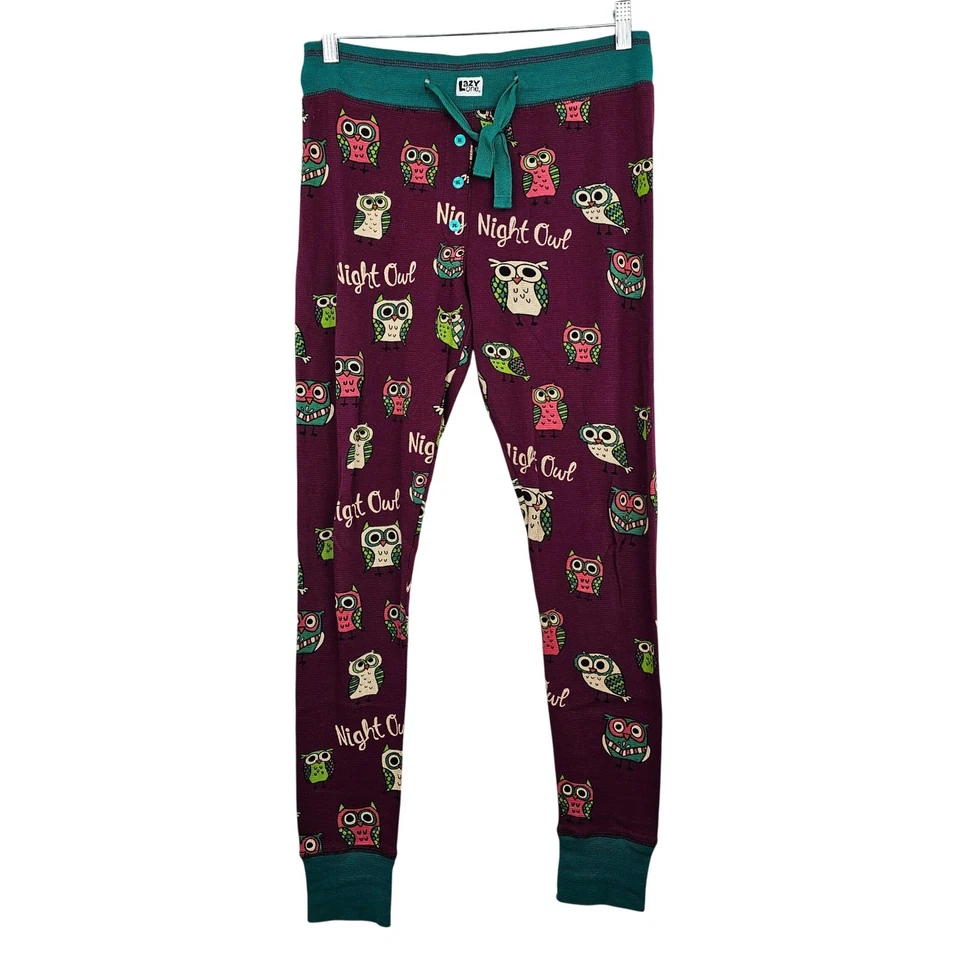 Conjunto de pijama térmico para mujer Lazy One púrpura estampado de búho manga larga pantalones medianos Foto 2 de 4