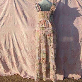 Eyelet Lace Wide Leg Jumpsuit Size L Pink Floral Smocked Fairy Cottage Pastel