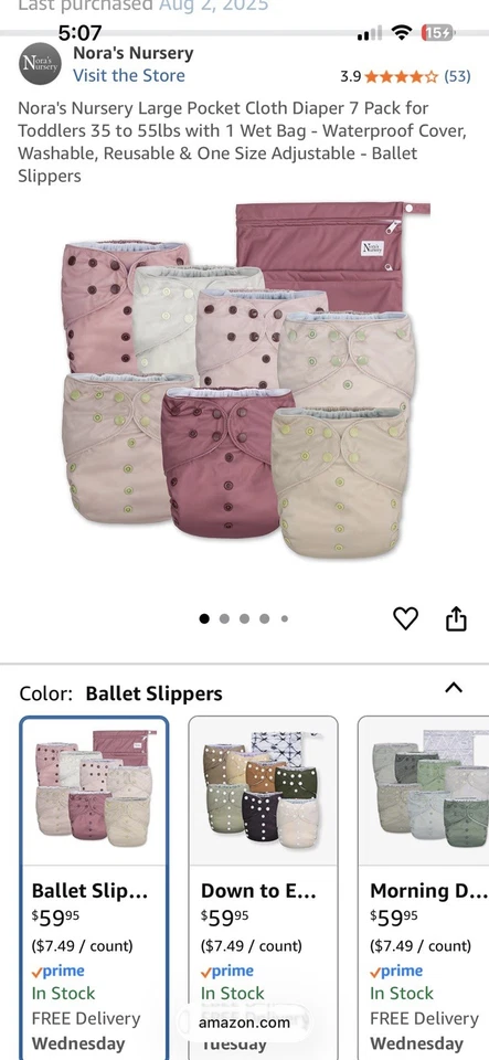 Pañales de tela de bolsillo grandes para niños Nora's, paquete de 7, 35-55 libras con bolsa húmeda Foto 4 de 4