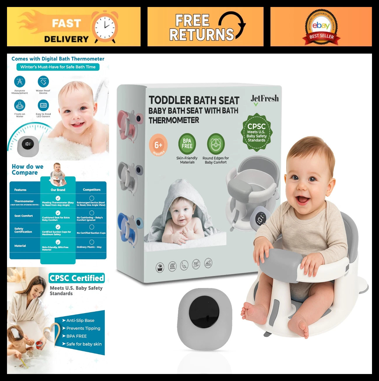 Baby Bath Seat with Floating Temperature Device, Non-Slip Design & Suction Cups,