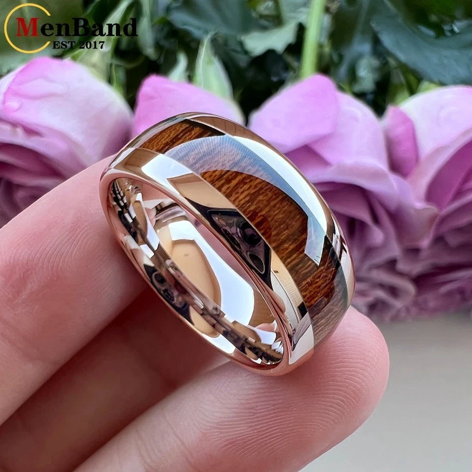 Alianza de boda de carburo de tungsteno anillo 6/8 mm con incrustación de madera roja cúpula ajuste cómodo para mujeres Foto 3 de 4