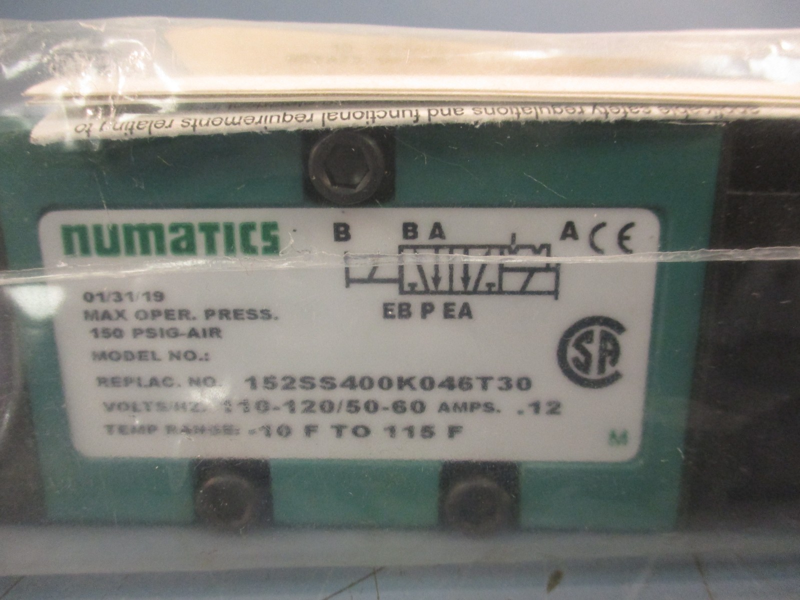 NUMATICS 152SS400K046T30 Solenoid Air Control Valve: Four-Way / Two-Position